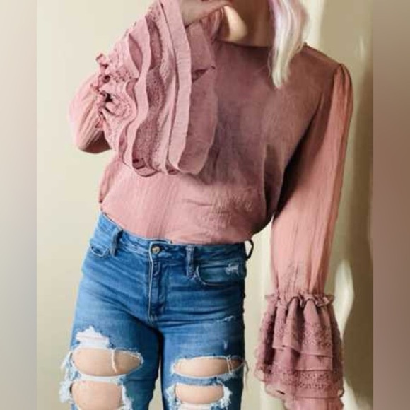 Stellah Tops - Stellah Dusty Rose Bell Sleeve Ruffle Blouse - Size S